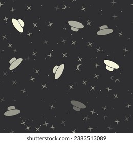 Seamless pattern with stars, speaker symbols on black background. Night sky. Vector illustration on black background