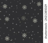 Seamless pattern with stars, spider web symbols on black background. Night sky. Vector illustration on black background