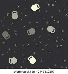 Seamless pattern with stars, sports weight symbols on black background. Night sky. Vector illustration on black background