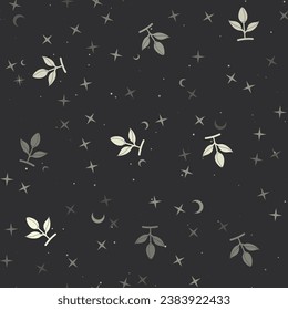Seamless pattern with stars, sprout symbols on black background. Night sky. Vector illustration on black background