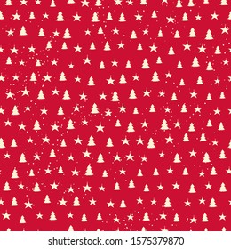 Seamless pattern with stars and spruces on red background. Holiday print