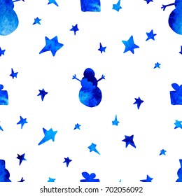 seamless pattern with stars, spruces, snowman