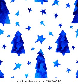 seamless pattern with stars, spruces, snowman
