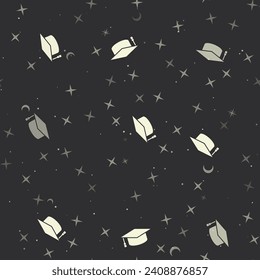 Patrón sin brillo con estrellas, símbolos de gorro académico cuadrado sobre fondo negro. Cielo nocturno. Ilustración del vector sobre fondo negro