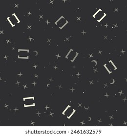 Seamless pattern with stars, square brackets symbols on black background. Night sky. Vector illustration on black background