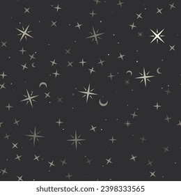 Patrón sin brillo con estrellas, símbolos estrella sobre fondo negro. Cielo nocturno. Ilustración del vector sobre fondo negro