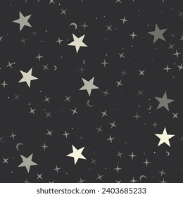 Seamless pattern with stars, star symbols on black background. Night sky. Vector illustration on black background