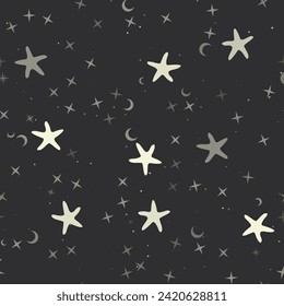 Seamless pattern with stars, starfish symbols on black background. Night sky. Vector illustration on black background