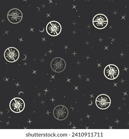 Nahtlose Muster mit Sternen, stoppen Coronavirus-Symbole auf schwarzem Hintergrund. Nachthimmel. Vektorgrafik auf schwarzem Hintergrund