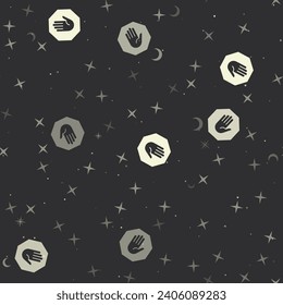 Seamless pattern with stars, stop hand symbols on black background. Night sky. Vector illustration on black background