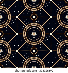 Seamless pattern with stars and strange magical mechanism. Useful for wrapping, web backgrounds and fabric design.