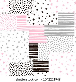 Seamless pattern with stars, stripes and polka dots. Vector.