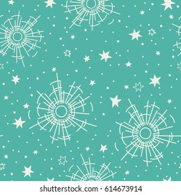 Seamless pattern with stars and sun. Hand drawn. Vector design.