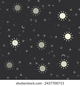 Seamless pattern with stars, suns on black background. Night sky. Vector illustration on black background