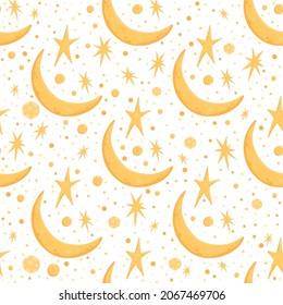 Seamless pattern with stars surrounded by celestial bodies in outer space. Backdrop with sky moon, reflect sun. Gold color vector illustration in modern style for wallpaper, textile print.