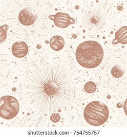 宇宙空間で天体に囲まれた星とシームレスな模様 太陽の周りを回転する惑星の背景 壁紙 繊維印刷物用のアンティークスタイルのモノクロベクターイラスト のベクター画像素材 ロイヤリティフリー Shutterstock