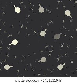 Patrón sin fisuras con estrellas, símbolos de tenis de mesa sobre fondo negro. Cielo nocturno. Ilustración vectorial sobre fondo negro
