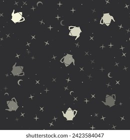 Seamless pattern with stars, teapots on black background. Night sky. Vector illustration on black background