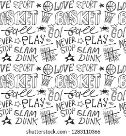 Seamless Pattern with stars, text, ball for Basketball. Black white Sketch sport background. Hand-drawing lettering, slogan, typography design for t-shirt, flyer, poster.