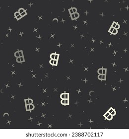 Seamless pattern with stars, thai baht symbols on black background. Night sky. Vector illustration on black background