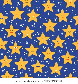 Nahtloses Muster mit Sternen, die Gesichter herstellen. Emotikon-Cartoon-Hintergrund. Abdeckung für kindisches Design. Vektorgrafik