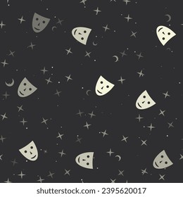 Seamless pattern with stars, theatrical masks on black background. Night sky. Vector illustration on black background