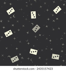 Seamless pattern with stars, Three of Clubs playing cards on black background. Night sky. Vector illustration on black background