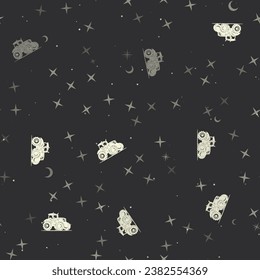 Seamless pattern with stars, tractor symbols on black background. Night sky. Vector illustration on black background