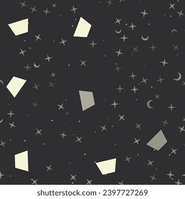 Seamless pattern with stars, trapezoid symbols on black background. Night sky. Vector illustration on black background