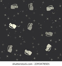 Seamless pattern with stars, travel backpack symbols on black background. Night sky. Vector illustration on black background