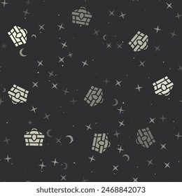 Seamless pattern with stars, treasure chest symbols on black background. Night sky. Vector illustration on black background