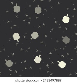 Seamless pattern with stars, tree symbols on black background. Night sky. Vector illustration on black background