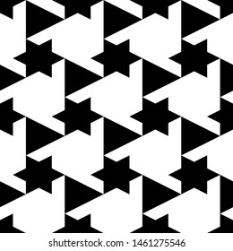 Seamless pattern. Stars, triangles, figures ornament. Folk wallpaper. Ethnic motif. Simple background. Geometric backdrop. Digital paper, textile print, web design, abstract.