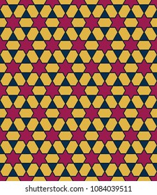 Seamless pattern with stars, triangles and rhombuses. Vector illustration. Red, blue, gold.
