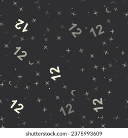 Seamless pattern with stars, twelve numbers on black background. Night sky. Vector illustration on black background