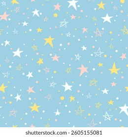 Seamless pattern with stars. Twinkle, twinkle, little star. Stars lines and textured background on soft blue. Vector doodle design elements