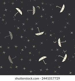 Seamless pattern with stars, umbrella symbols on black background. Night sky. Vector illustration on black background