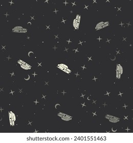 Seamless pattern with stars, vintage car symbols on black background. Night sky. Vector illustration on black background