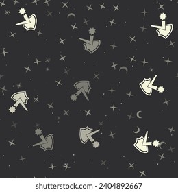 Seamless pattern with stars, virus bounces off the shield symbols on black background. Night sky. Vector illustration on black background