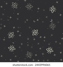 Seamless pattern with stars, vision symbols on black background. Night sky. Vector illustration on black background