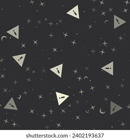 Patrón sin brillo con estrellas, símbolos de advertencia sobre fondo negro. Cielo nocturno. Ilustración del vector sobre fondo negro