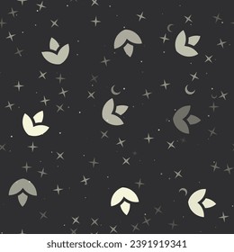 Seamless pattern with stars, water lily symbols on black background. Night sky. Vector illustration on black background