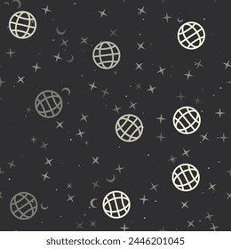 Patrón sin fisuras con estrellas, símbolos de Web sobre fondo negro. Cielo nocturno. Ilustración vectorial sobre fondo negro