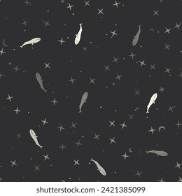 Seamless pattern with stars, whale symbols on black background. Night sky. Vector illustration on black background