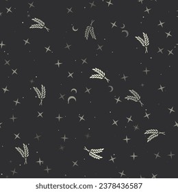 Seamless pattern with stars, wheat symbols on black background. Night sky. Vector illustration on black background