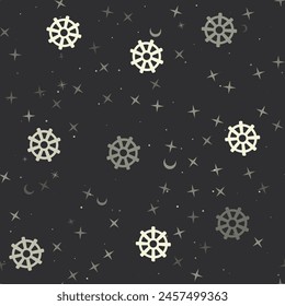 Seamless pattern with stars, wheel symbols on black background. Night sky. Vector illustration on black background