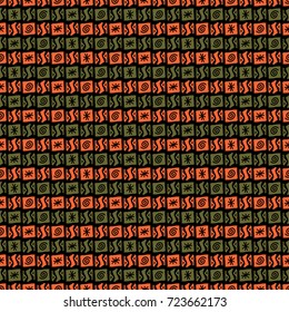 Seamless pattern with stars and whorls on a black background.