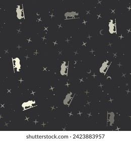 Seamless pattern with stars, wild rhino symbols on black background. Night sky. Vector illustration on black background