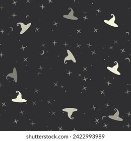 Seamless pattern with stars, witch hat symbols on black background. Night sky. Vector illustration on black background