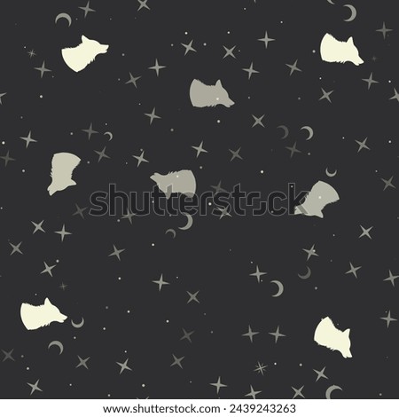 Seamless pattern with stars, wolf head symbols on black background. Night sky. Vector illustration on black background